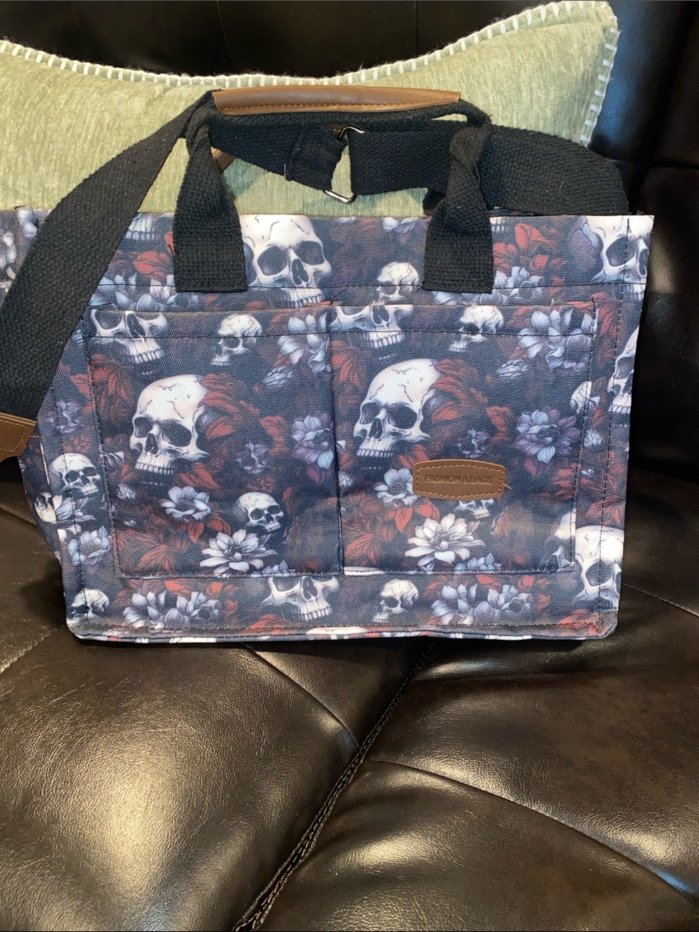 Skull & Floral Canvas Tote Bag - Black